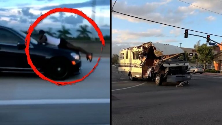 Car with person on hood, crashed RV in intersection.