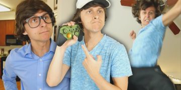 Three people in various poses holding a controller.