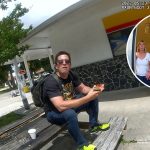 Man sitting outside gas station on wooden bench
