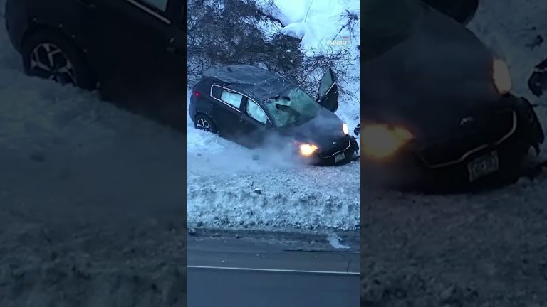 Car crashed in snowbank during winter.