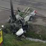 Truck crash into a pole on roadside.