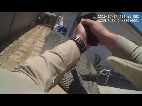 Body camera footage of police officer aiming weapon.