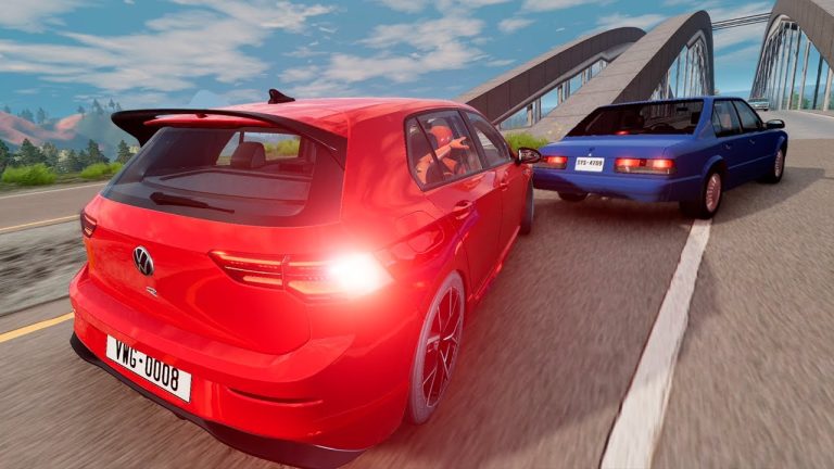 Red and blue cars driving on a bridge road.