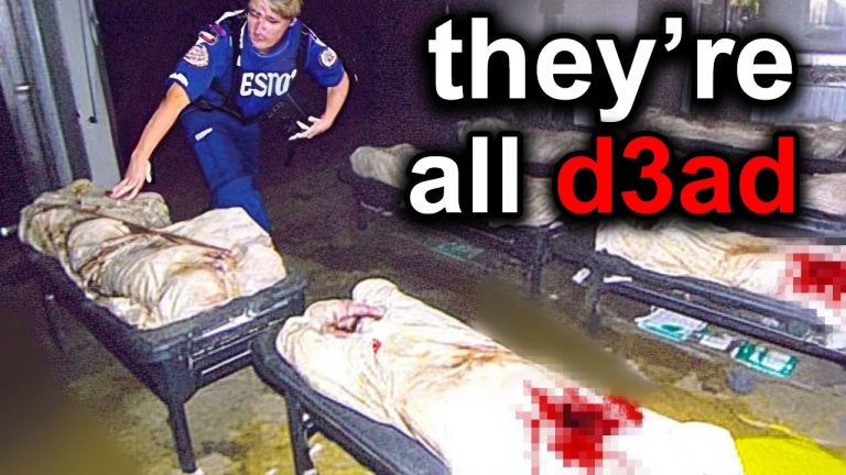 Person examining wrapped bodies on stretchers.