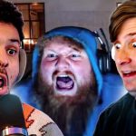 Three men reacting excitedly with headphones.