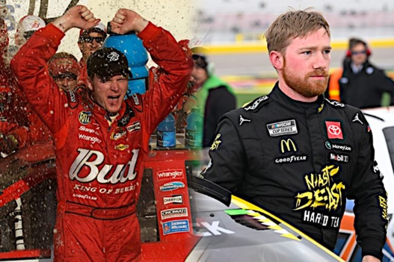 Two race car drivers celebrating and focused.