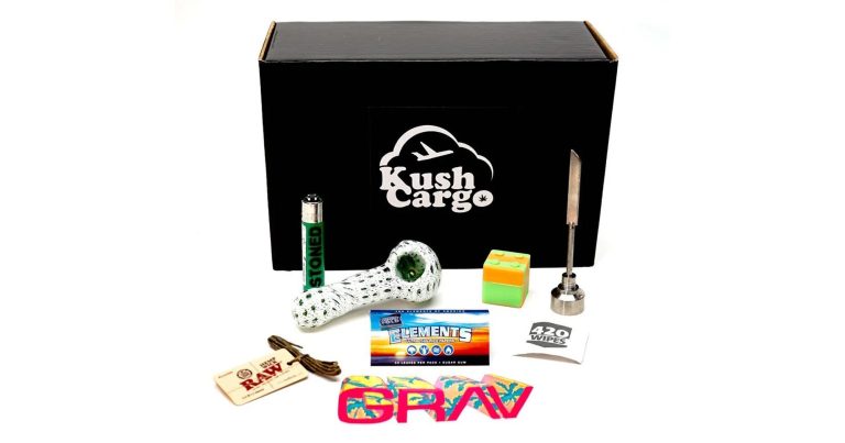 Kush Cargo subscription box with smoking accessories.