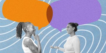 Two women talking with colorful speech bubbles.