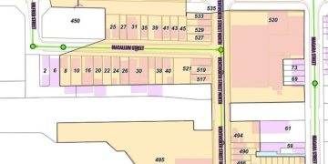 Detailed street map with property boundaries and numbers.