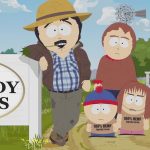 Cartoon family at Tegridy Farms entrance sign.