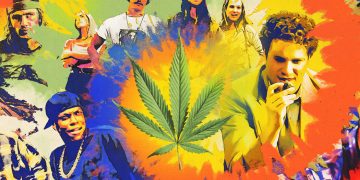 Colorful collage with people and marijuana leaf.