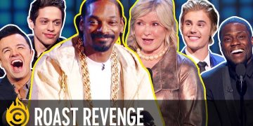 Group of celebrities at comedy roast event.