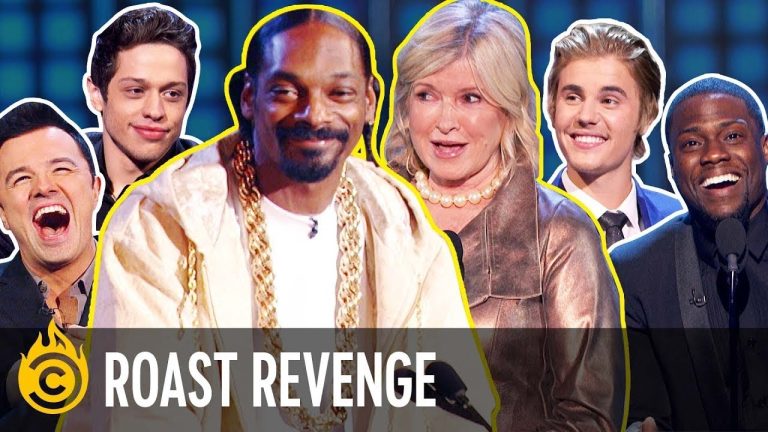 Group of celebrities at comedy roast event.
