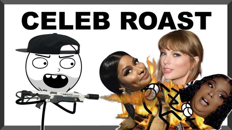 Cartoon roasting celebrities with flamethrower
