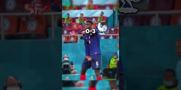 Soccer player celebrating during match, score 0-3.