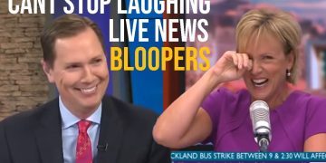 News anchors laughing during live bloopers.