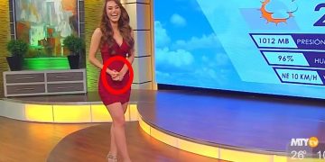 Weather presenter smiling on a TV set