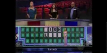 Game show puzzle board with contestants, word missing.