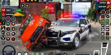 Police car collides with red sports vehicle.