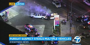 Police cars surround gas station during vehicle pursuit