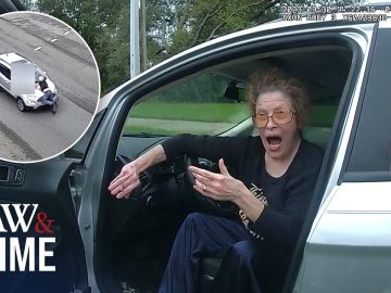 Shocked woman in car, inset shows aerial road view.