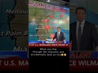 Meteorologist forecasts hurricane path on TV screen.