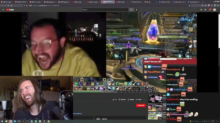 Two people streaming and laughing, chat messages visible.