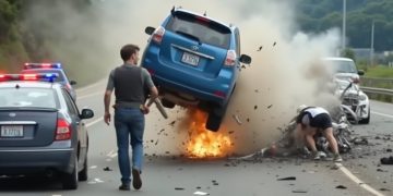 Car explosion on highway with police nearby.