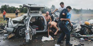 Emergency responders assist at car crash scene.