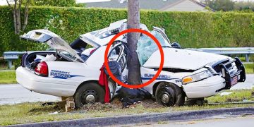 Police car crashed into a tree, severe damage.
