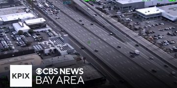 Aerial view of Bay Area freeway traffic.