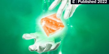 Gloved hands transferring a glowing orange gemstone.