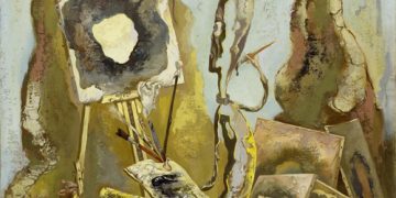Abstract painting with easel and paintings, earthy tones.
