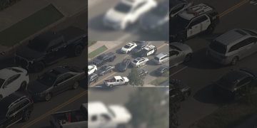 Aerial view of dense urban traffic jam