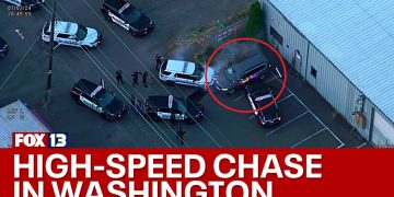 Police vehicles surround suspect during high-speed chase.
