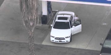 Person exits white car at gas station.
