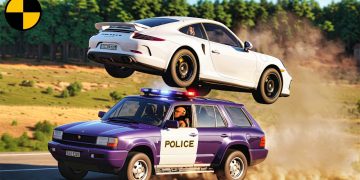 White car jumps over police SUV, forest background.