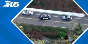 Police car on road in aerial view.