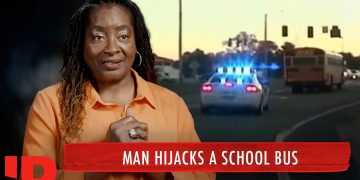Woman discusses school bus hijacking incident on TV.