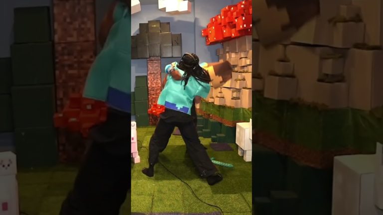 Person in Minecraft-themed room with blocks and sword.
