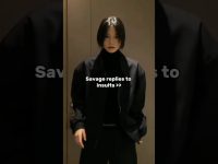 Person in dark clothing, text: 'Savage replies to insults'