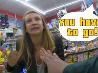 Person in store saying 'You have to go!'