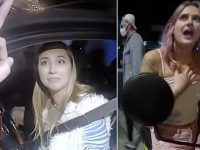 Women interacting with police during night incident.