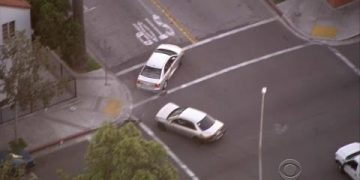 Aerial view of two cars at an intersection.