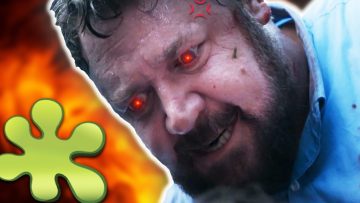 Person with glowing eyes, flame background.