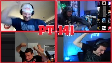 Four podcast hosts celebrating on video call.