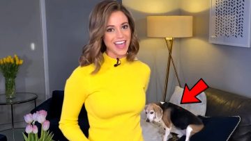 Woman in yellow with beagle on couch.