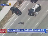 Police apprehending suspect after vehicle pursuit on highway.