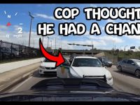 Police car in traffic with humorous caption.