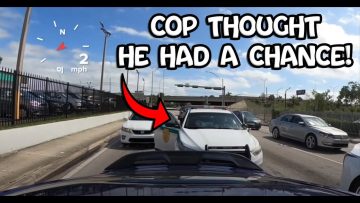 Police car in traffic with humorous caption.
